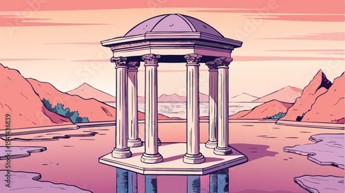 Illustration of a gazebo on the lake at sunset