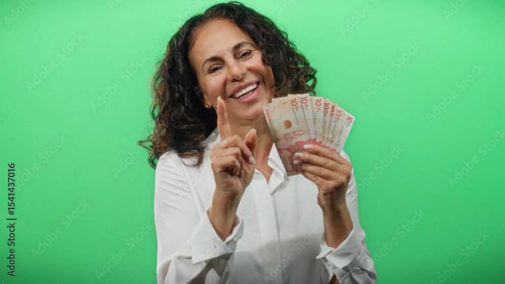 Woman smiling holding colombian pesos banknotes against isolated green background pointing at camera. Woman smiling holding colombian pesos banknotes against isolated green background pointing at camera.
