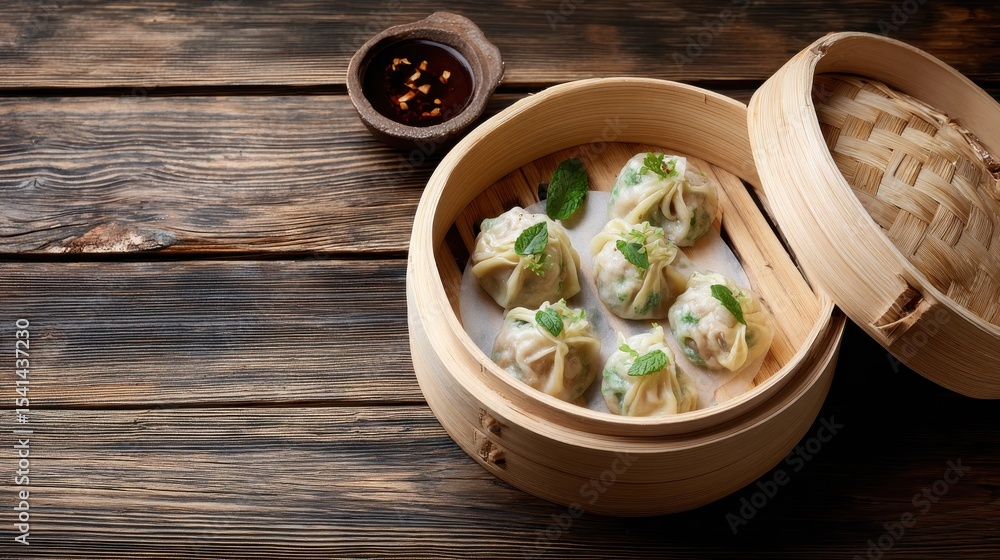 Steaming bamboo basket presents a delightful array of dumplings garnished with fresh mint leaves, served with savory dipping sauce on rustic wooden table top. Steaming bamboo basket presents a delightful array of dumplings garnished with fresh mint leaves, served with savory dipping sauce on rustic wooden table top.