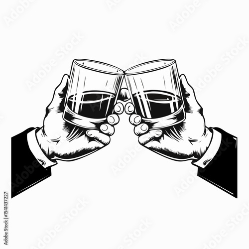 Hands cheers toast with whiskey or bourbon glasses Vector  image on white background.