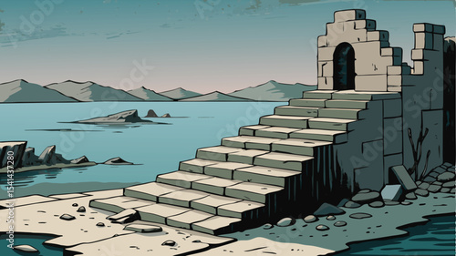 Illustration of a stone stairway leading to the sea with mountains in the background