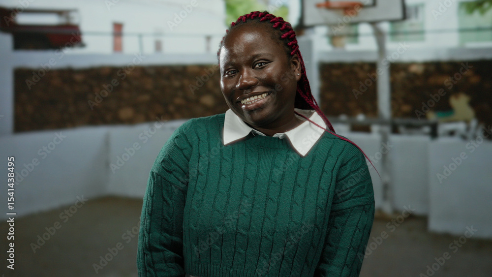 Obraz premium Woman smiling on outdoor basketball court with hoop and fences in the background, wearing a green sweater, showcasing a friendly expression and vivid hair.