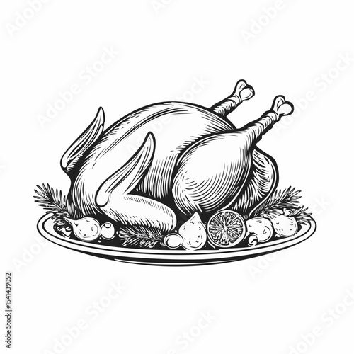 Roasted Turkey Christmas And Thanksgiving Day Image Vector Isolated on white Background.