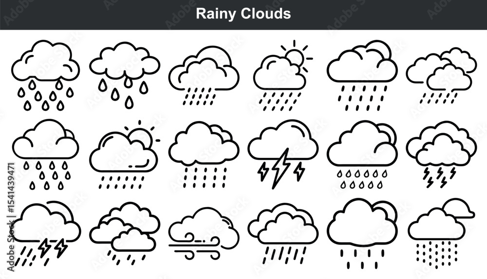 Fototapeta premium Black and White Cloud Icons Rain Sun Lightning Wind