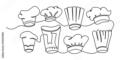 Chef hat set, One single line drawing of cap for restaurant vector graphic illustration, One line drawing illustration of hat chef. Chef uniform concept single line. Chef's Hat, Editable outline.