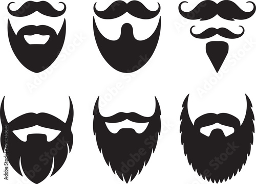 Collection of Six Black Silhouette Mustaches and Beards Various Styles and Shapes Isolated on White Background