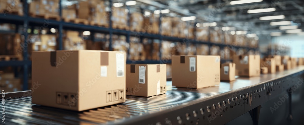 The organized flow of packages on a conveyor belt in a modern warehouse. The organized flow of packages on a conveyor belt in a modern warehouse.