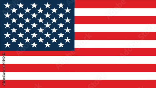 Flat vector illustration of the official American flag with 50 stars and 13 red and white stripes. Ideal for patriotic, government, and USA-themed designs.

