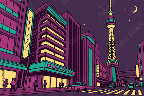 Night city street scene with modern tower