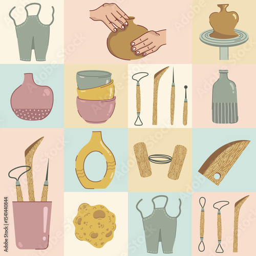 Pottery seamless vector pattern. Artist sculpts from clay. Sponge, apron, porcelain jug, crockery. Hands molding a ceramic vases. Tools for handcraft creation. Hobby background for print, fabric
