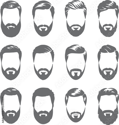 Twelve Gray Silhouettes of Mens Hairstyles and Beards Various Hair and Beard Styles Collection Grey Faceless Men Icons Set