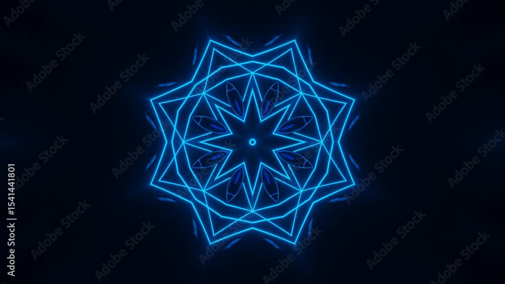 Abstract Neon Kaleidoscope Motion with Central Symmetry. Glowing neon lines in continuous loop forming kaleidoscopic geometry on dark canvas