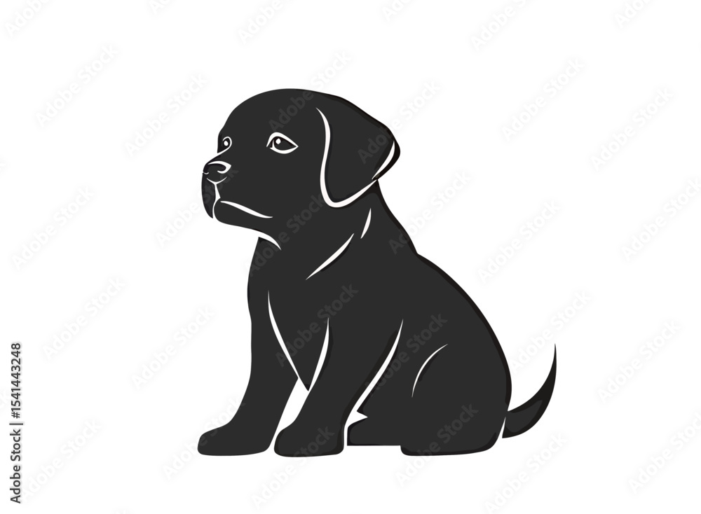 Fototapeta premium Black Labrador puppy sitting, looking curiously with a gentle expression.
