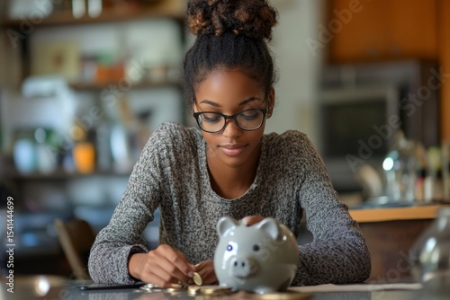 Young woman saving money by putting coins into a piggy bank on the table as part of her personal finance management., Generative AI