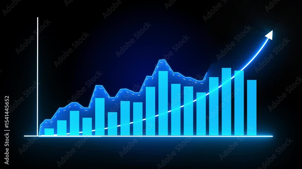 Neon cyan bar chart with bright upward arrow on a dark background. Symbol of business success, data analytics, financial growth, investment, and technology performance Neon cyan bar chart with bright upward arrow on a dark background. Symbol of business success, data analytics, financial growth, investment, and technology performance