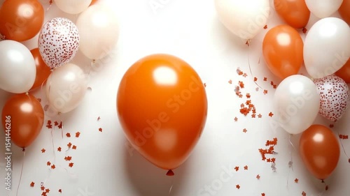 Vibrant orange and white balloons arranged for a festive celebration with scattered confetti