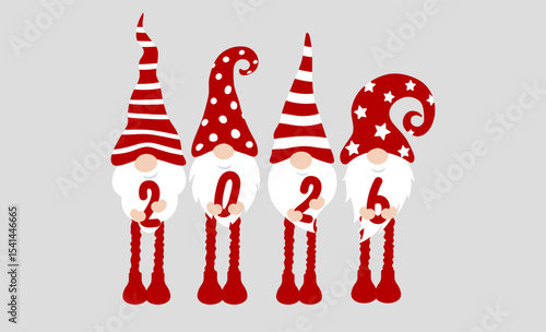 Cute Christmas Gnomes Holding 2026 Numbers in Red Hats for Winter Holiday Design, Seasonal Greeting Template, Kids New Year Party Decoration, Festive Cartoon Character Style. Vector Illustration.