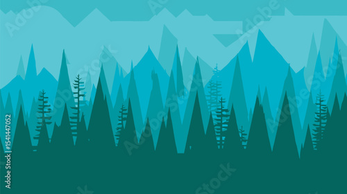 Teal pines rise against mountainous backdrop at daytime wilderness nature scene
