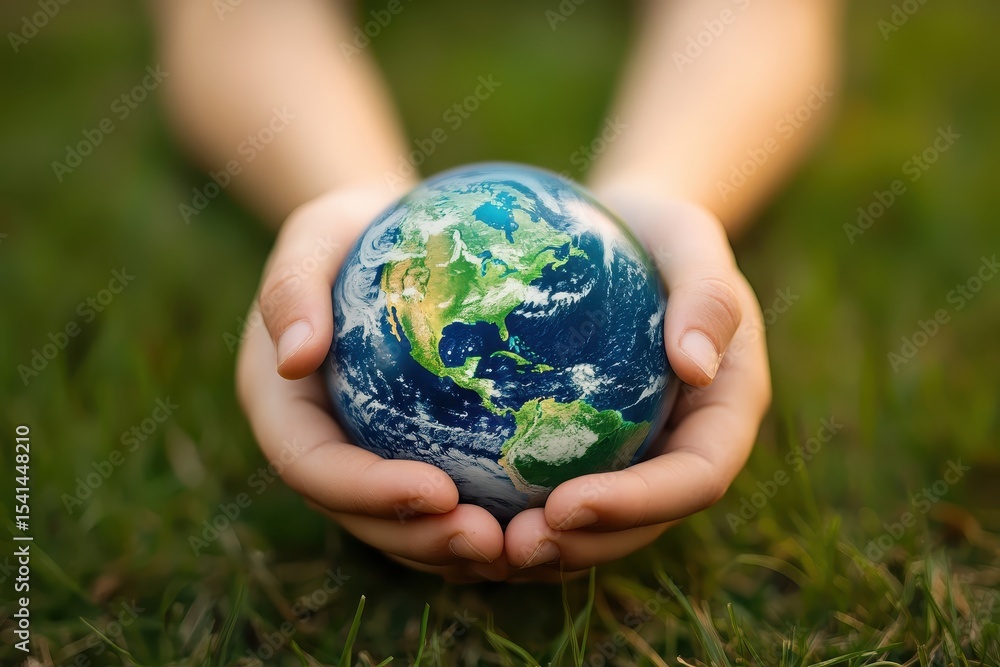 Child's hands gently cradle a globe, resting on lush green grass. It symbolizes environmental care, sustainability, and future generations. Child's hands gently cradle a globe, resting on lush green grass. It symbolizes environmental care, sustainability, and future generations.
