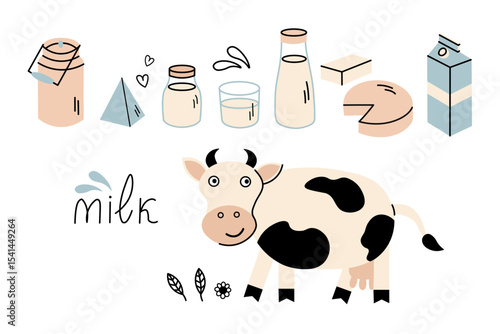 Milk and milky items doodle. Vector set with dairy product, cow, cottage cheese, glass with drink, bag, butter, can, leave and paper bottles. Design for label, logo, sign, wrapping, icon. Food drinks