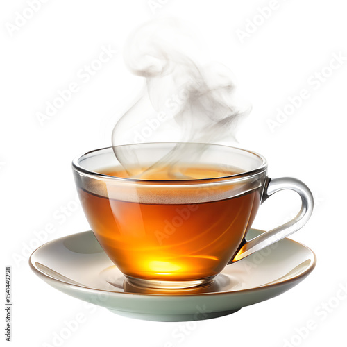 Glass cup of tea with steam isolated on white background