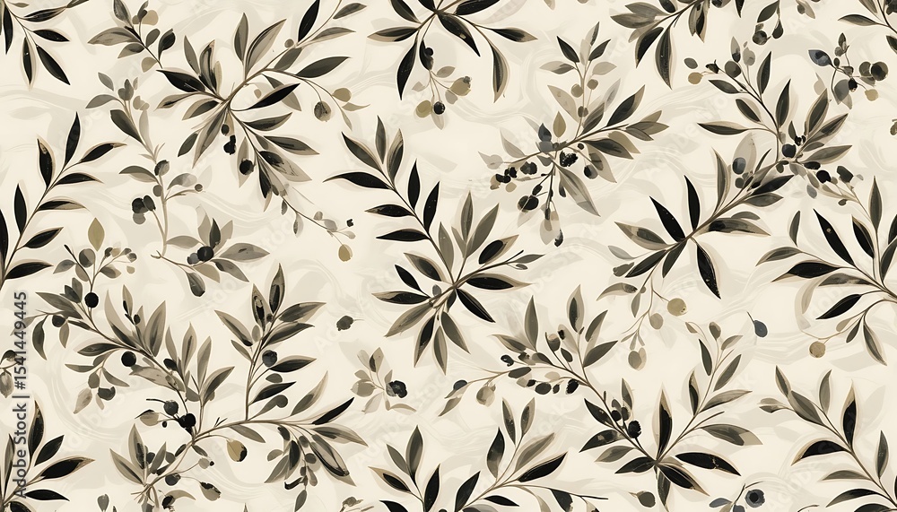 Floral Pattern with Branches and Berries on Textured Beige Background Floral Pattern with Branches and Berries on Textured Beige Background