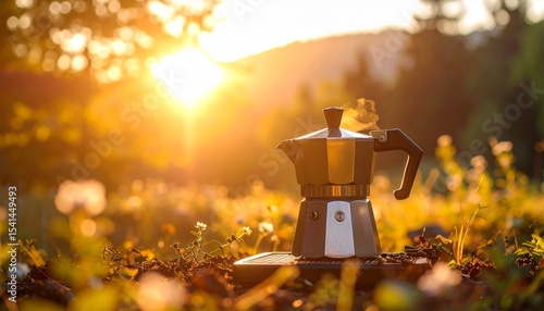 Fototapeta Naklejka Na Ścianę i Meble -  Sunrise Coffee Brewing in a Mountain Meadow.