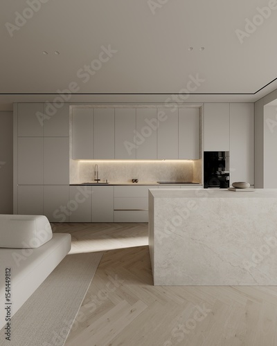Beige and wooden living with kitchen interior with bar island and sink, closeup. Cooking cabinet in modern apartment with sofa panoramic window and TV area. 3D rendering