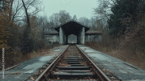 Wallpaper Mural Abandoned train tracks disappearing into a weathered terminal tunnel. Evokes feelings of decay, travel, mystery, and forgotten pathways. Torontodigital.ca