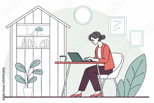 Woman working from home at desk with laptop