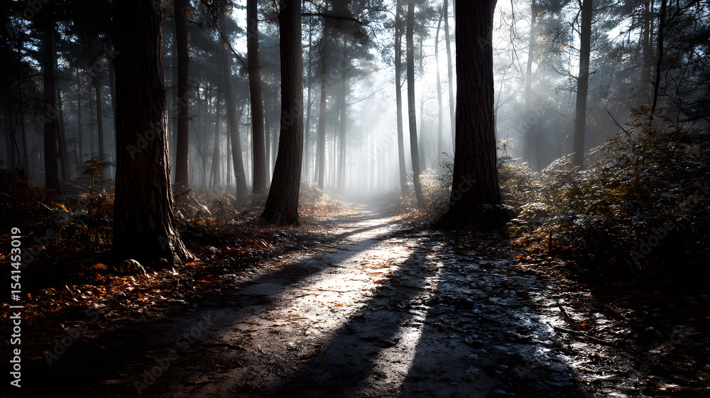 Fototapeta premium A nostalgic retro postcard of a fog-covered forest, where soft light filters through the trees, creating a serene and magical ambiance.