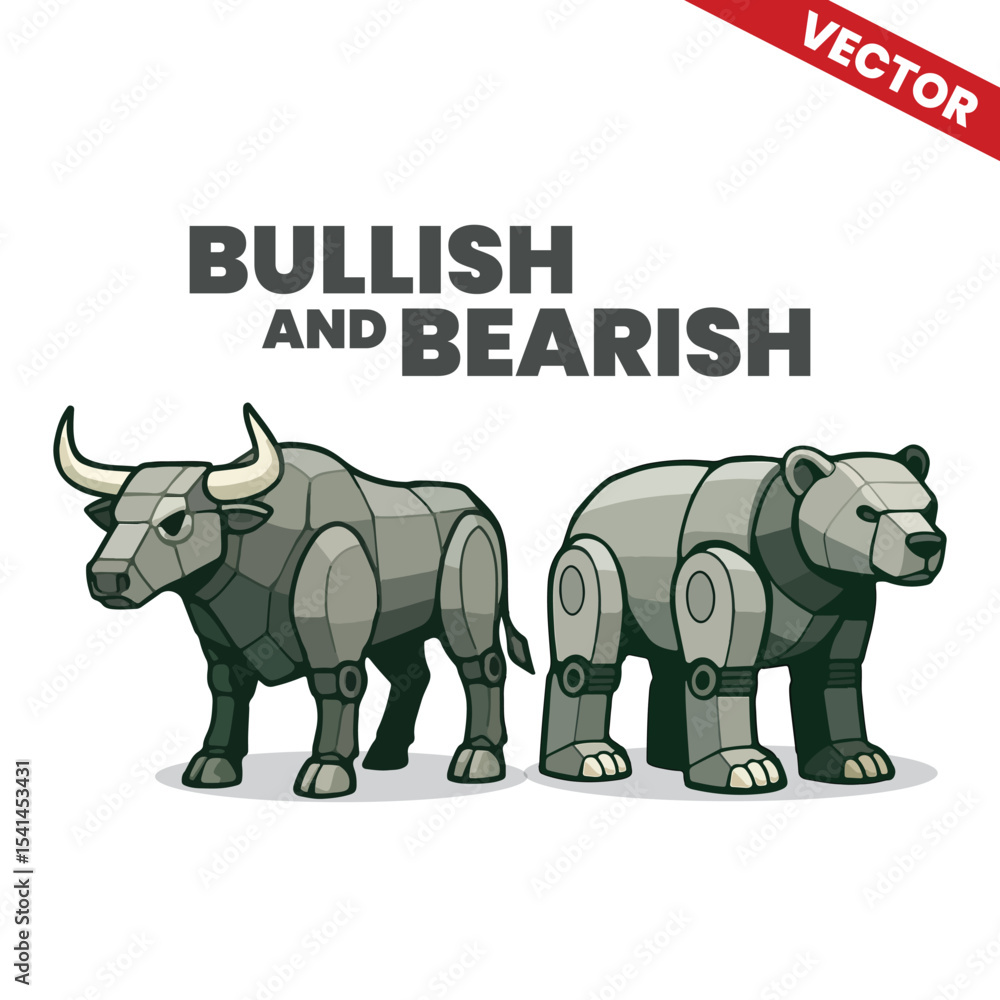 Fototapeta premium Bull and Bear Robot Vector Mascots Futuristic Metallic Animal Icons Representing Stock Market Trends in AI Style