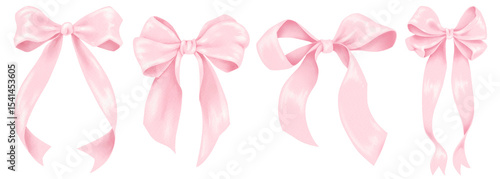 Pink  Bow Illustration. Hand Draw coquette bow pink ribbon, bow knots, bow ties, ribbons, and hair bows for gift wrapping, decorations, fashion, and festive designs. Cute elegant bow