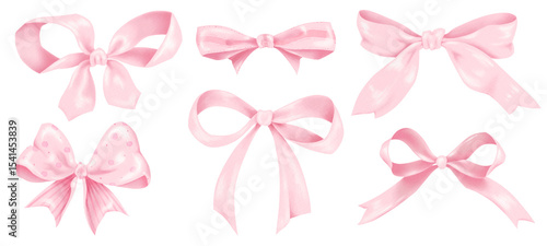 Pink  Bow Illustration. Hand Draw coquette bow pink ribbon, bow knots, bow ties, ribbons, and hair bows for gift wrapping, decorations, fashion, and festive designs. Cute elegant bow