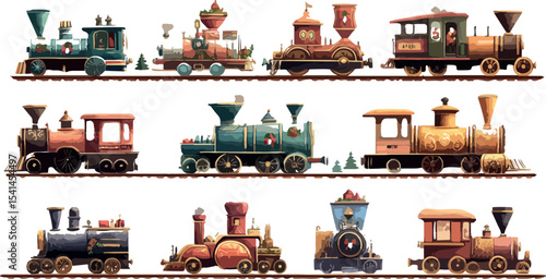 A whimsical collection of vintage toy trains each with unique designs and colors lined up on tracks against a clean white background perfect for holiday
