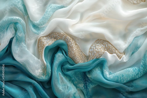 Light turquoise and white chiffon with gold trim, soft focus texture. Perfect for backgrounds, textile designs, or adding an elegant touch.