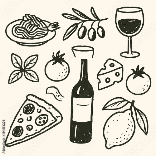 A detailed illustration of traditional Italian cuisine, highlighting dishes and a bottle of wine, evoking a culinary experience.