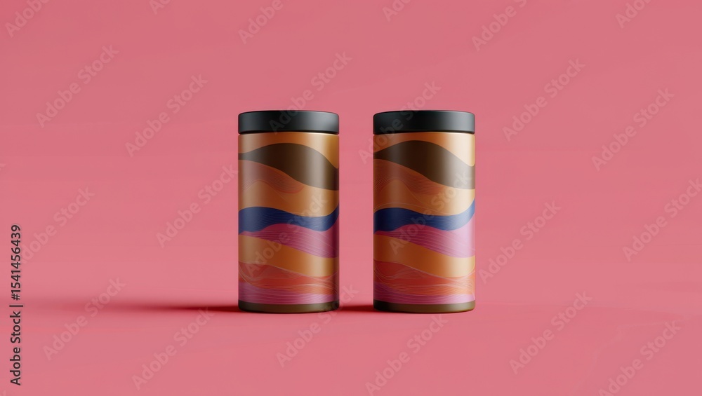 Two abstractly designed cylindrical containers displayed on a solid pink background with shadows Two abstractly designed cylindrical containers displayed on a solid pink background with shadows