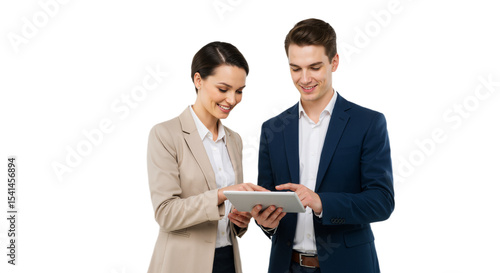 Wallpaper Mural Collaborative Professionals in Suits Pointing at Tablet, Smiling Against White Background PNG Torontodigital.ca