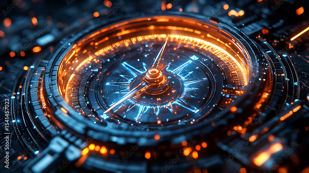 custom made wallpaper toronto digitalFuturistic digital compass with glowing blue and orange elements on a dark tech background