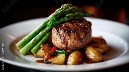 Tender filet mignon served with roasted potatoes and fresh asparagus spears creates a sophisticated and delicious culinary experience for fine dining enthusiasts.