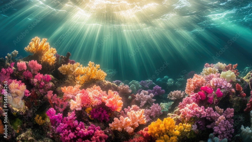 Naklejka premium Vibrant coral reef bathed in sunlight