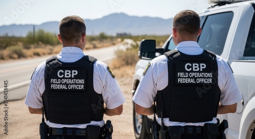 CBP Field Operations Officers Standing by Customs and Border Protection Truck in Desert