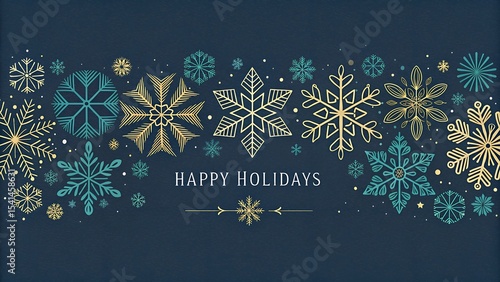 Elegant happy holidays banner with teal and gold snowflakes