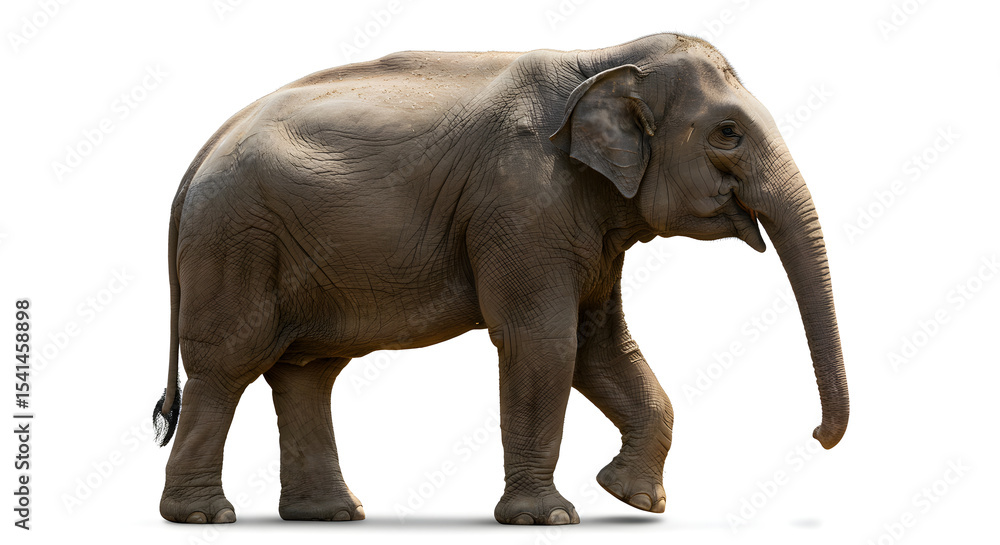 Obraz premium A majestic elephant gracefully walking against a clean white background