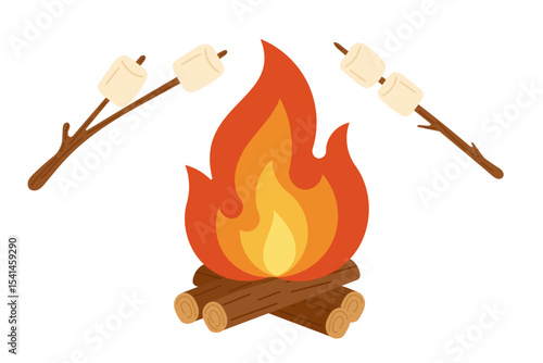 Campfire with marshmallows on sticks. Cozy camping scene with burning bonfire made of wooden logs and two sticks roasting marshmallows over the flames. Flat vector design in warm, natural colors.