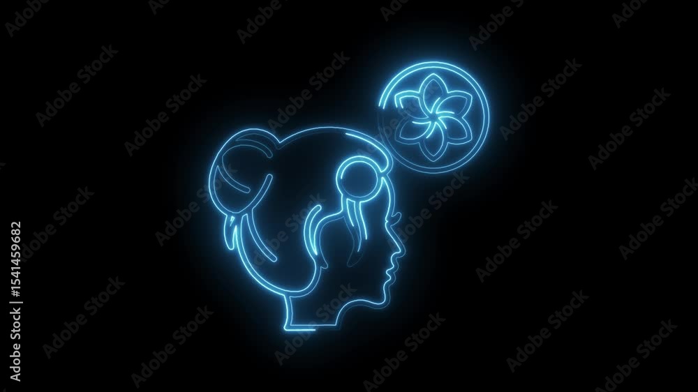Womans head in profile with flower neon light design on black background Womans head in profile with flower neon light design on black background