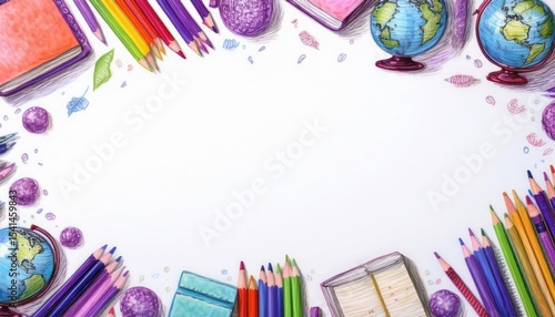 Creative educational background with stationery, books, and globes in vibrant colors