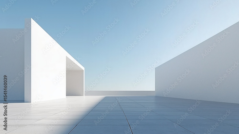 Obraz premium A Minimalist Architectural Concept Featuring Simple Square White Walls and an Empty Concrete Floor, Set Against a Clear Blue Sky Background, Perfectly Showcasing the Purity and Freedom of Modern Desi
