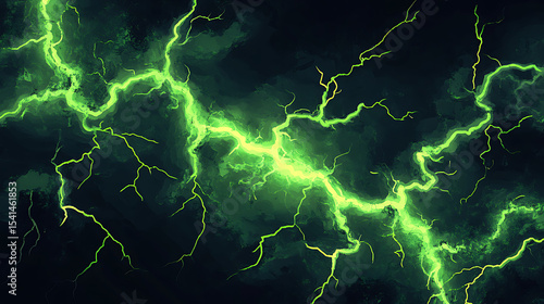 Abstract depiction of vibrant green lightning bolts against a dark stormy sky background